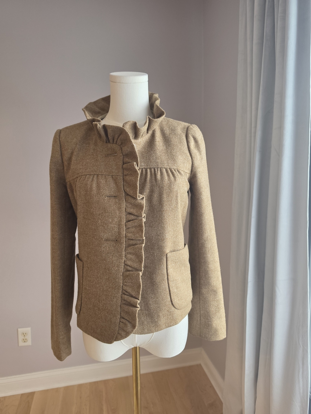 J. Crew Brown Ruffle-Trim Wool Blend Blazer
